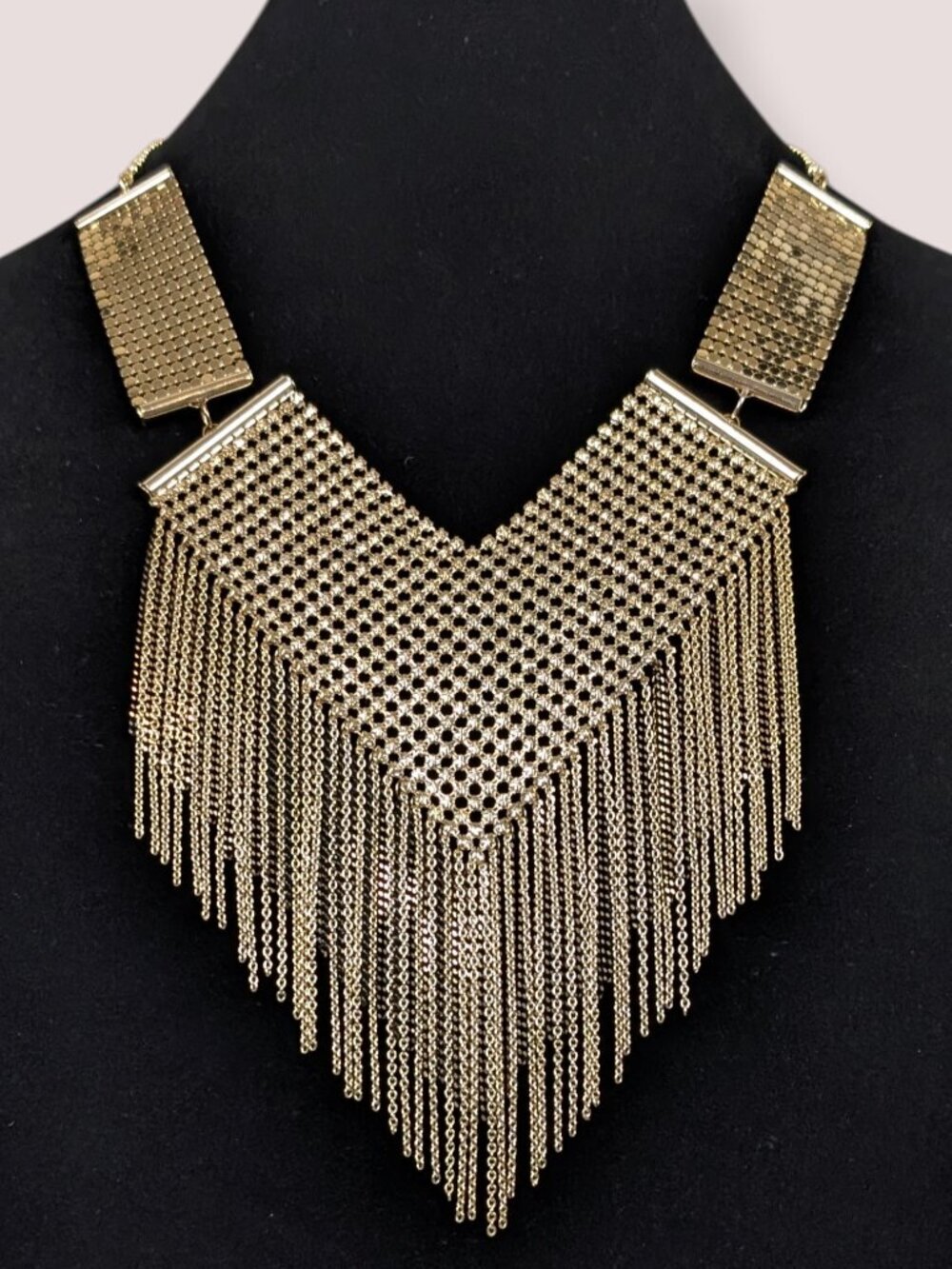 Gold Tone Mesh "V" Dangling Bib Statement Necklace